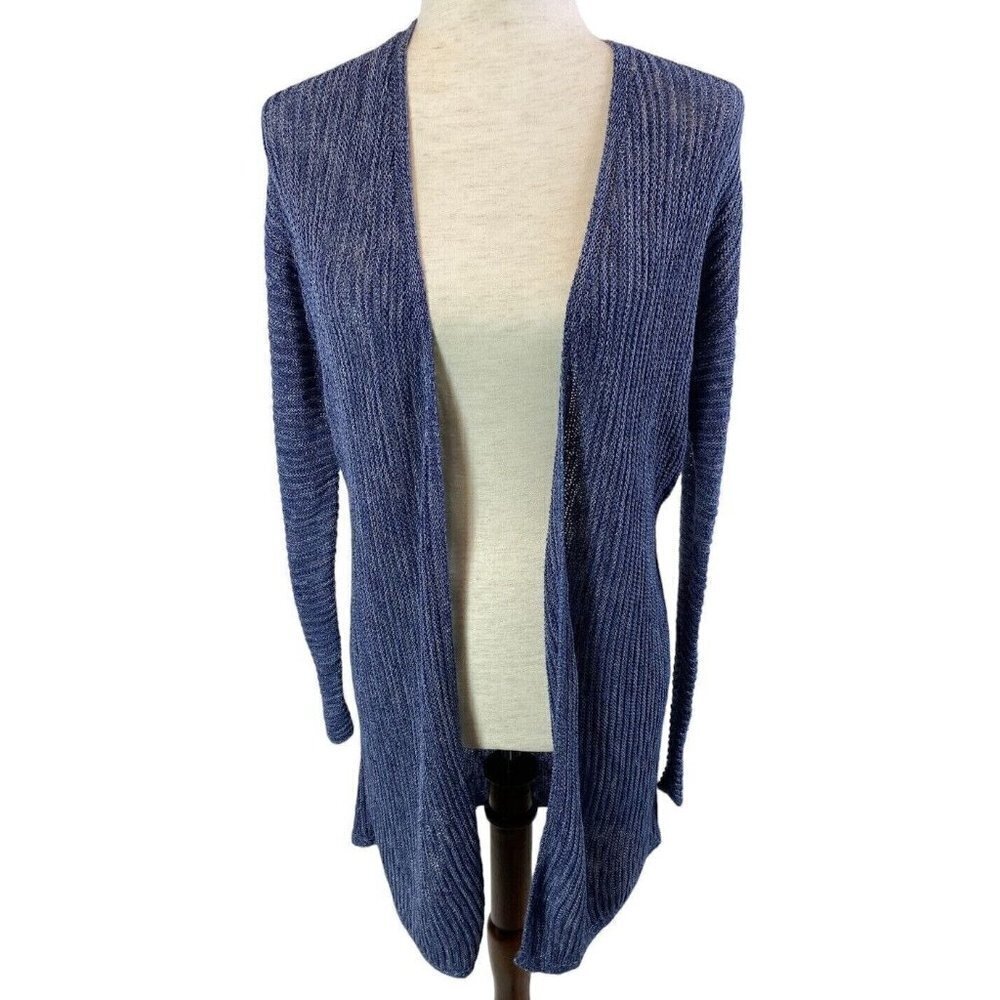 Tahari Linen Blend Sweater Sz S Open Front Cardigan Heather Blue Ribbed Knit
